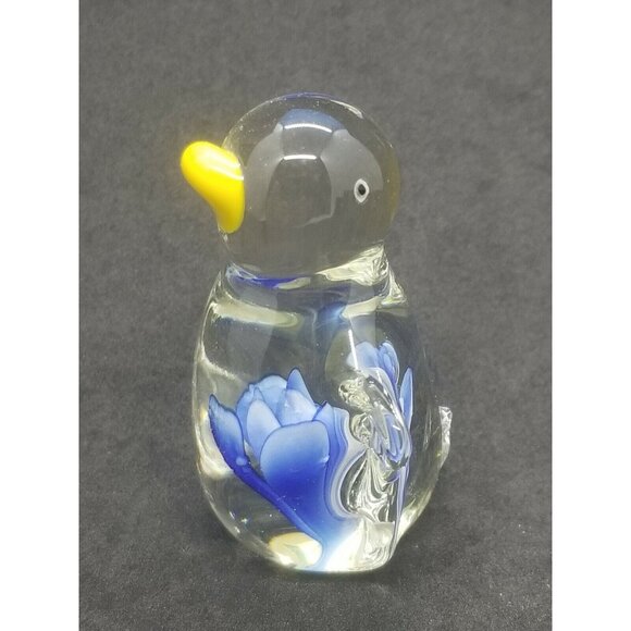 Hand Blown Art Glass Penguin with Blue Lamp Work Flower Inside - Picture 5 of 7